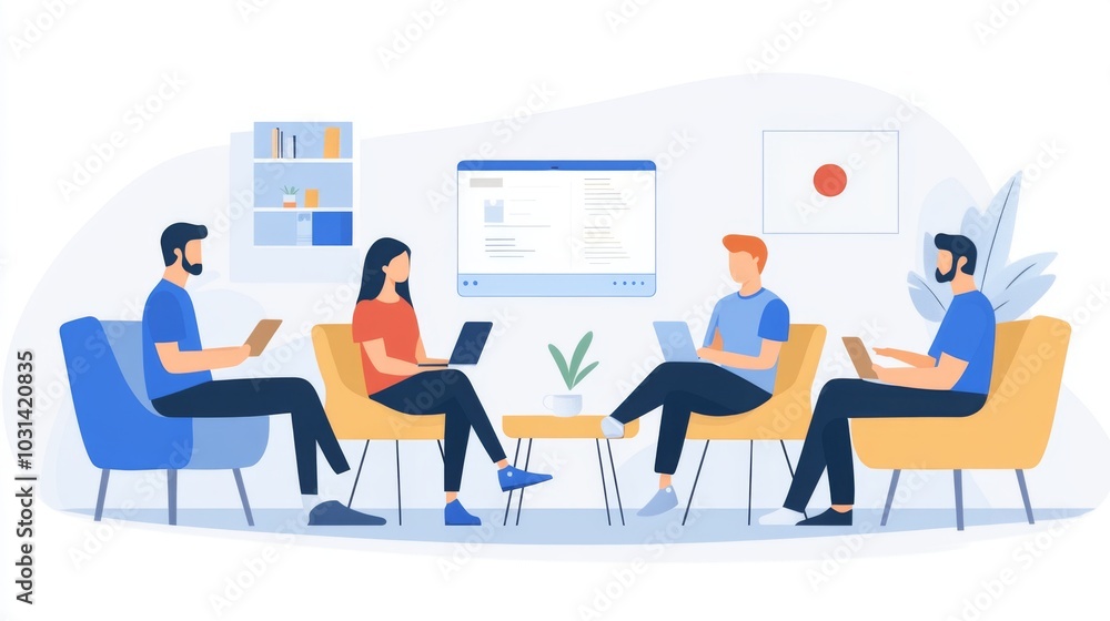 Four People Collaborating on a Project in a Modern Office Setting Four People Collaborating on a Project in a Modern Office Setting