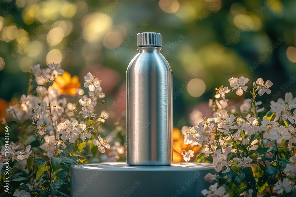Silver Bottle Mockup in a Spring Garden. Silver Bottle Mockup in a Spring Garden.