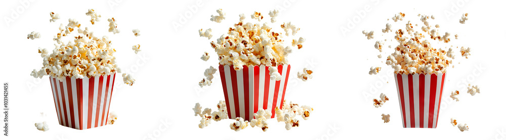 Popcorn in red-striped buckets isolated on transparent background, ideal for movie night promotions, snack ads, or party decorations Popcorn in red-striped buckets isolated on transparent background, ideal for movie night promotions, snack ads, or party decorations