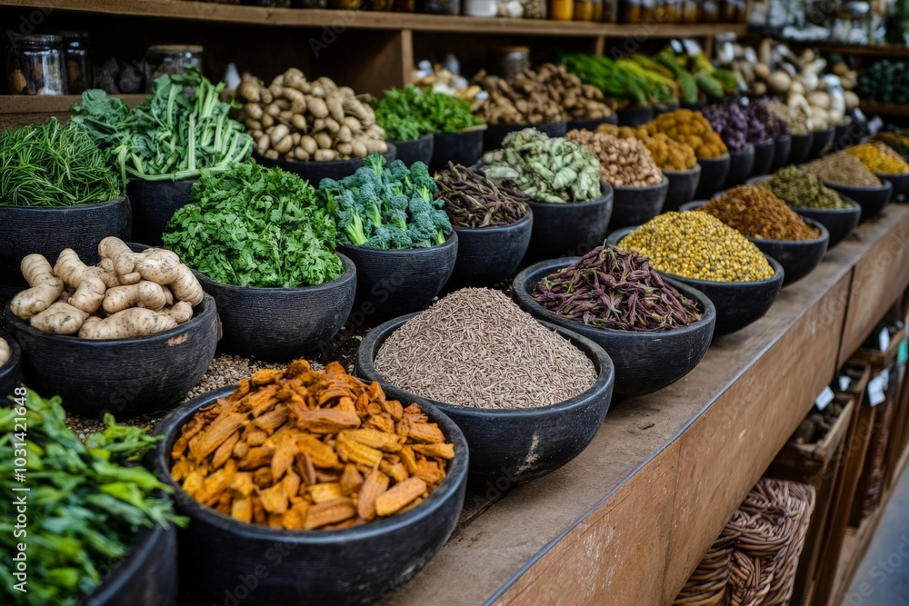 A variety of medicinal vegetables displayed in a neat row, each one known for its healing properties A variety of medicinal vegetables displayed in a neat row, each one known for its healing properties