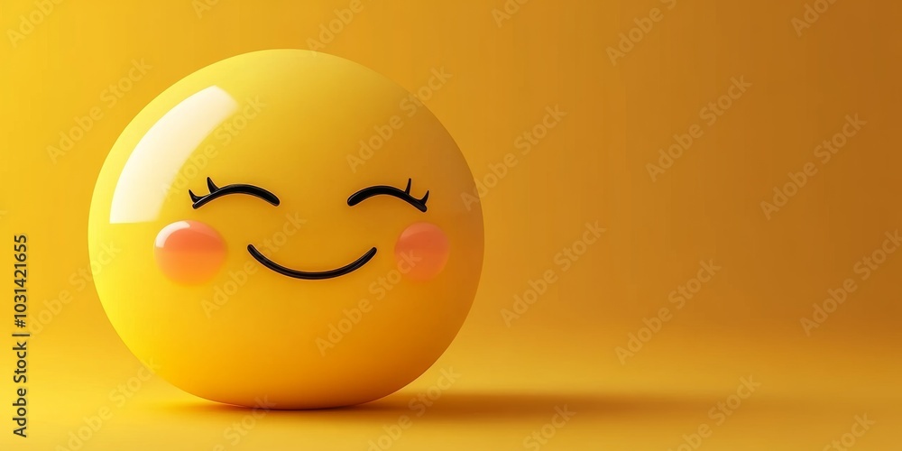 A large, 3D yellow emoji positioned off-center to the left with a shy expression, blushing cheeks, and closed eyes, against a smooth yellow background with copy space on the right. A large, 3D yellow emoji positioned off-center to the left with a shy expression, blushing cheeks, and closed eyes, against a smooth yellow background with copy space on the right.