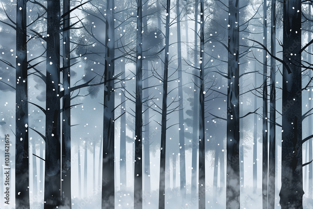 Fototapeta premium Snow falling on the forest background vector illustration, flat design