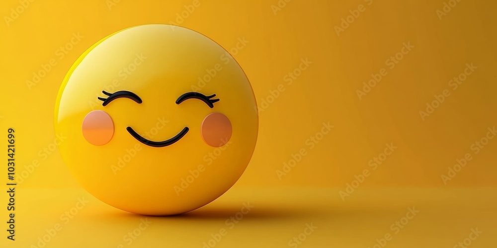A large, 3D yellow emoji positioned off-center to the left with a shy expression, blushing cheeks, and closed eyes, against a smooth yellow background with copy space on the right. A large, 3D yellow emoji positioned off-center to the left with a shy expression, blushing cheeks, and closed eyes, against a smooth yellow background with copy space on the right.
