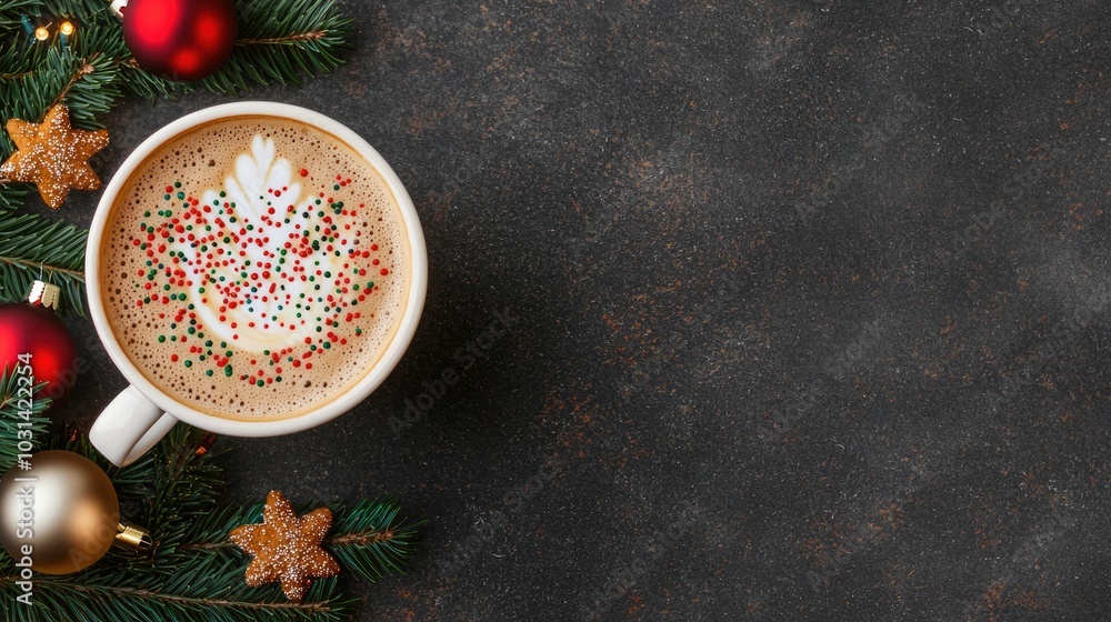A festive cup of creamy hot cocoa topped with whipped cream and colorful sprinkles, nestled among holiday decorations on a dark surface. A festive cup of creamy hot cocoa topped with whipped cream and colorful sprinkles, nestled among holiday decorations on a dark surface.