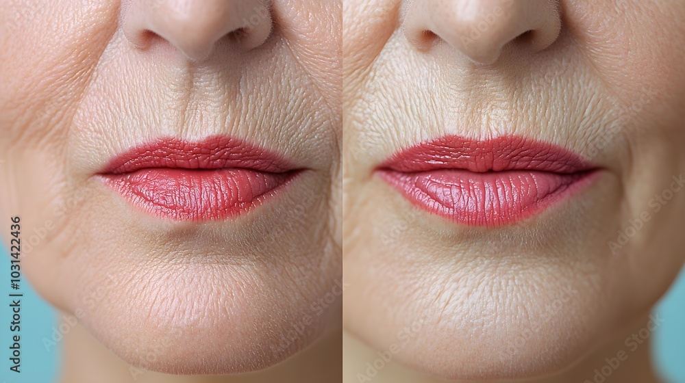 Obraz premium Side-by-side close-up images of a woman's mouth, illustrating the effectiveness of wrinkle-reducing treatment, Smooth Skin Transformation, Realistic, Clean Background