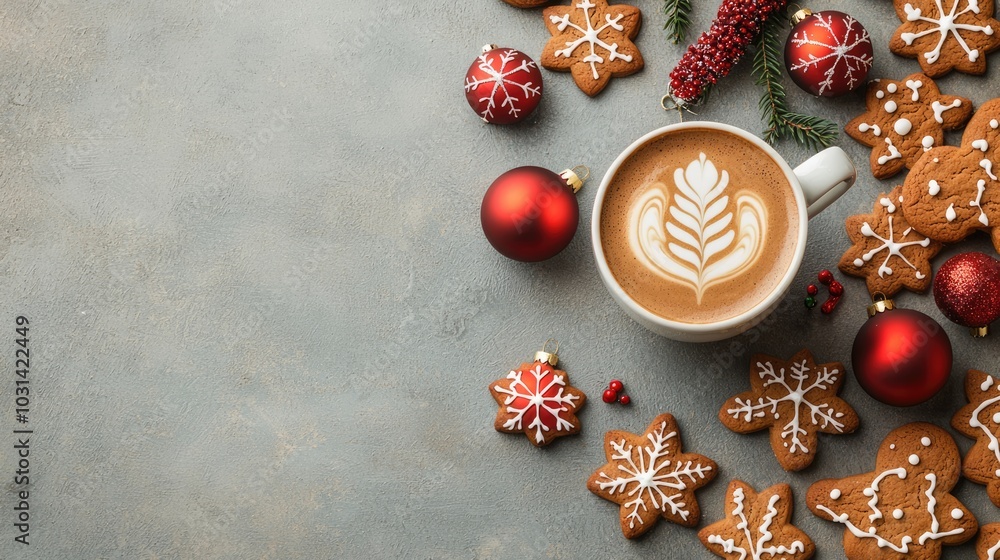 A cozy scene featuring a latte art coffee cup surrounded by gingerbread cookies and holiday ornaments, evoking a festive atmosphere. A cozy scene featuring a latte art coffee cup surrounded by gingerbread cookies and holiday ornaments, evoking a festive atmosphere.