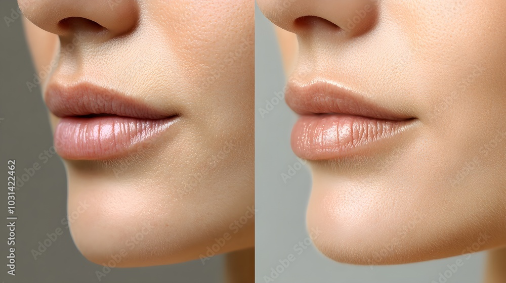 Obraz premium Side-by-side comparison of a man's nose before and after rhinoplasty, with a written testimonial about improved confidence and satisfaction with the results, Photorealistic, High Detail