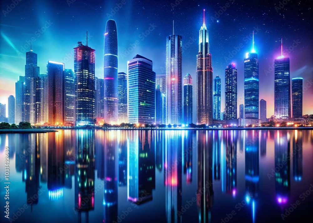 Fototapeta premium Futuristic Cityscape with Neon Lights Reflecting in Water - Stunning Night View