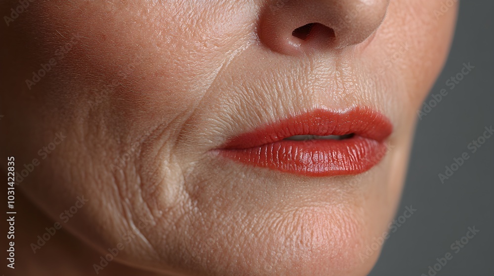 Obraz premium Close-up testimonial image of a patient's mouth area, highlighting wrinkle reduction results, with smoother skin and refined texture, High-Resolution, Soft Focus