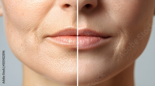 Before-and-after comparison of the skin around a woman's mouth, highlighting wrinkle reduction and improved texture from anti-aging products, Realistic Style, High Detail