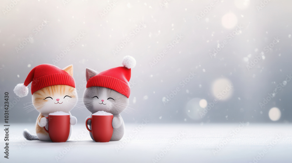 Cute cats in red hats holding hot drinks, surrounded by snowy atmosphere, evoke warm and festive feeling. Perfect for holiday themes and winter celebrations Cute cats in red hats holding hot drinks, surrounded by snowy atmosphere, evoke warm and festive feeling. Perfect for holiday themes and winter celebrations