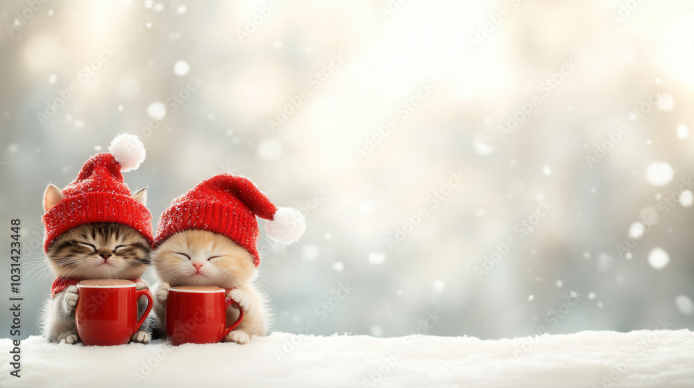 Cozy kittens in red hats enjoy warm drinks in snowy winter setting, radiating joy and warmth during festive season Cozy kittens in red hats enjoy warm drinks in snowy winter setting, radiating joy and warmth during festive season