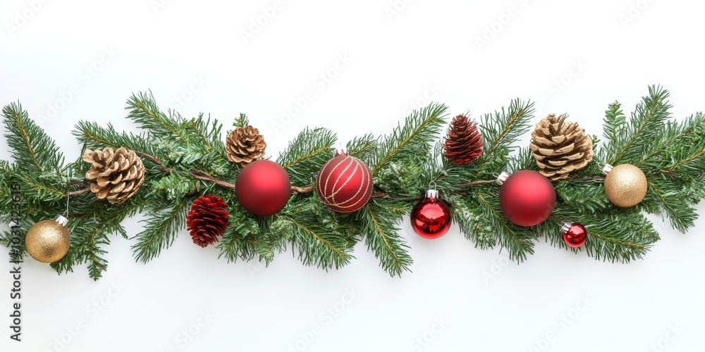 Christmas Branches Border with Christmas Decorations isolated over white background. Christmas Branches Border with Christmas Decorations isolated over white background.