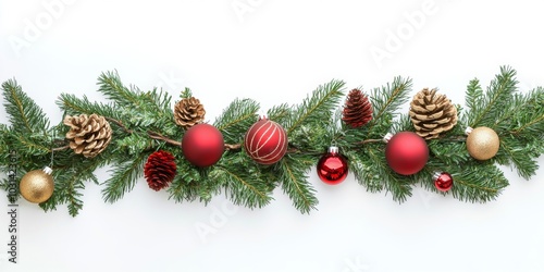 Christmas Branches Border with Christmas Decorations isolated over white background. 