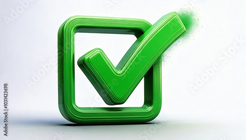 A vibrant green checkmark symbolizing approval or completion within a square border against a light background.