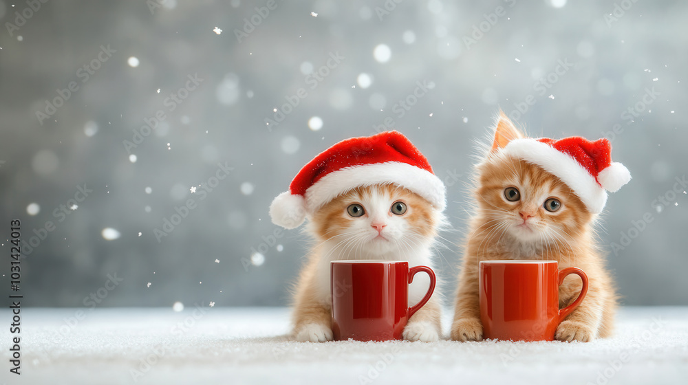 Obraz premium Two adorable cats in Santa hats sit beside red mugs, creating festive atmosphere. Their curious expressions and snowy background evoke joyful holiday spirit
