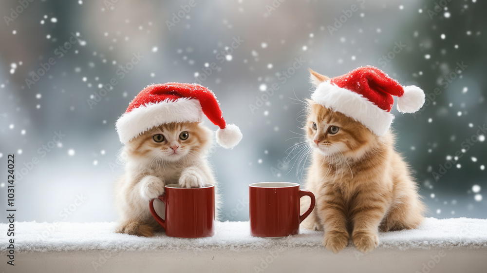 Two adorable cats in Santa hats sit beside red mugs, surrounded by falling snowflakes, creating festive and joyful holiday atmosphere Two adorable cats in Santa hats sit beside red mugs, surrounded by falling snowflakes, creating festive and joyful holiday atmosphere