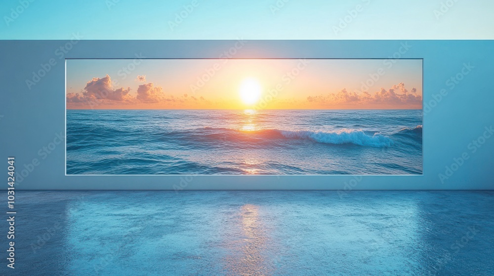 Serene sunset view over ocean through a modern window. Serene sunset view over ocean through a modern window.