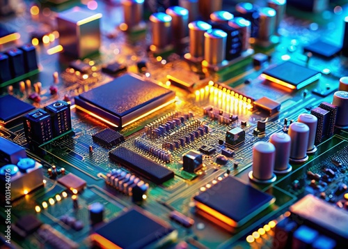 Futuristic High-Tech Circuit Board with Microchips in Tilt-Shift Perspective for Tech Innovation