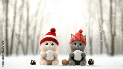 Two adorable cats in festive hats are sitting in snow, holding cups of hot cocoa. winter scene is enchanting, with soft snowfall and pine cones around them, creating cozy holiday atmosphere