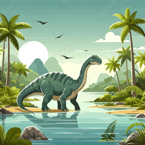 A large dinosaur is walking through a lush jungle