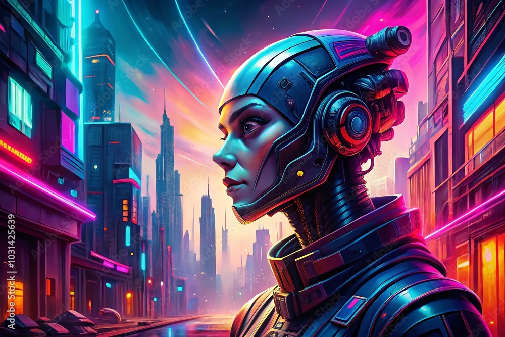 Futuristic Synthwave Anime Robot Face in Neon City - Generative AI Animation Futuristic Synthwave Anime Robot Face in Neon City - Generative AI Animation