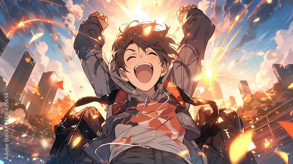 Fototapeta premium excited man makes explosion behind him, anime style