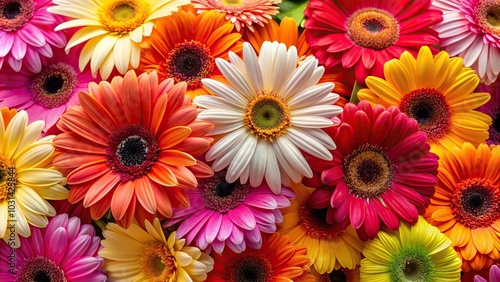 Vibrant wide-angle shot of colorful gerbera flowers