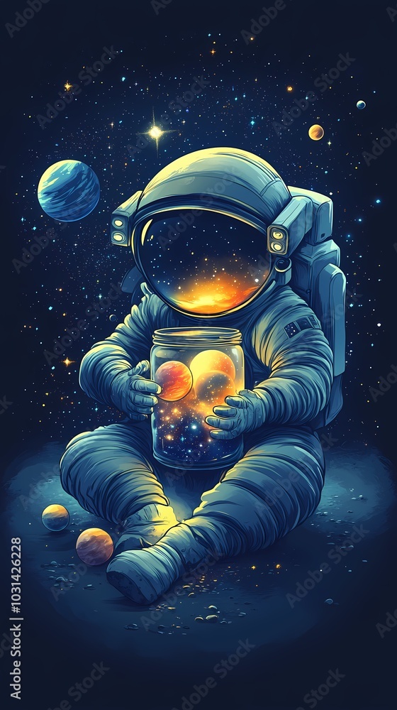 A whimsical astronaut holding a jar of colorful planets in a vast galaxy. A whimsical astronaut holding a jar of colorful planets in a vast galaxy.