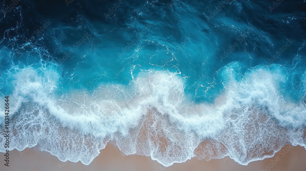 Aerial view of ocean waves crashing on a sandy shore. Aerial view of ocean waves crashing on a sandy shore.
