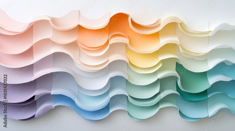 Fototapeta premium Colorful waves of paper in pastel tones, multicolored layers on white background.