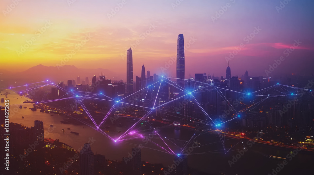 Smart digital Innovation city with connection network reciprocity over the cityscape. of future smart wireless digital city and social media networking systems that connects people with in city Smart digital Innovation city with connection network reciprocity over the cityscape. of future smart wireless digital city and social media networking systems that connects people with in city