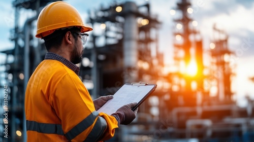 Construction worker in safety gear inspecting a project at sunset.