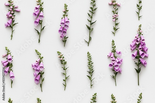 A minimalist arrangement of purple flowers laid out on a light background, showcasing their beauty and delicate details.