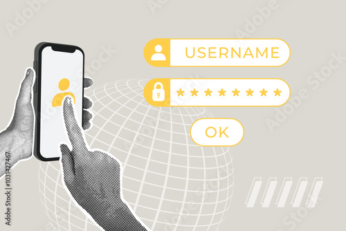 Modern halftone collage. Concept of login and password for secure internet access, business success, data protection, cybersecurity. Modern business collage for design
