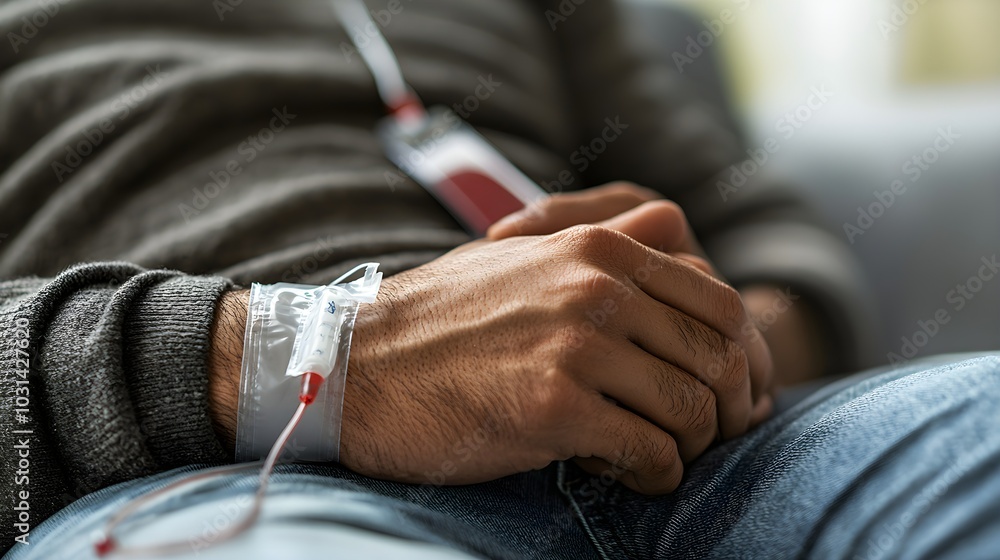 Fototapeta premium Close-up of male hand with blood bag attached, grey background, hospital scene, focus on the act of donation, promoting health and altruism