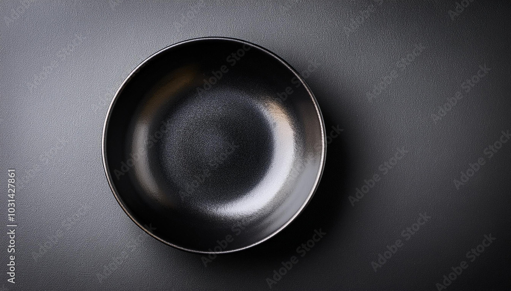 Empty black soup plate on dark grey background, top view Empty black soup plate on dark grey background, top view