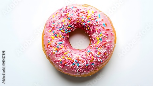 Pink donut decorated with colorful sprinkles isolated on white background. Flat lay. Top view. 