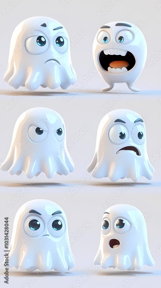 A set of six cartoon ghost characters displaying various emotions. A set of six cartoon ghost characters displaying various emotions.