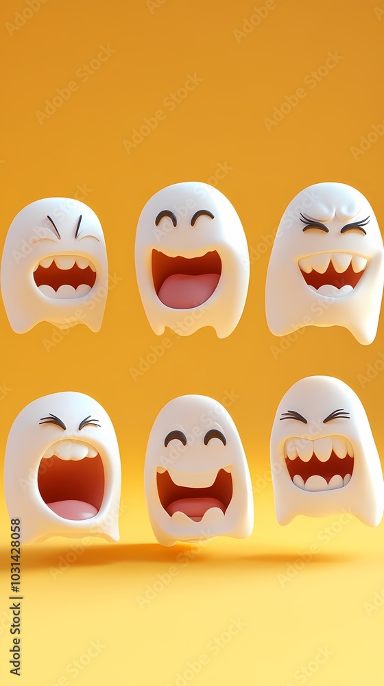 Playful white ghost emojis expressing a range of happy emotions against a yellow background. Playful white ghost emojis expressing a range of happy emotions against a yellow background.
