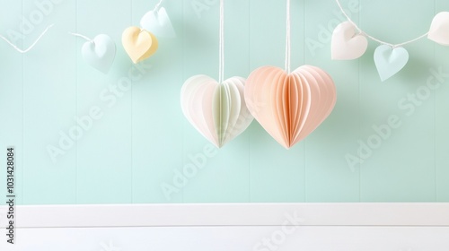 Decorative hanging paper hearts in pastel colors on a soft turquoise background. photo