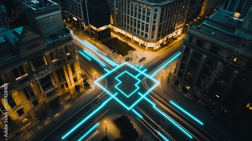Smart digital Innovation city with connection network reciprocity over the cityscape. of future smart wireless digital city and social media networking systems that connects people with in city