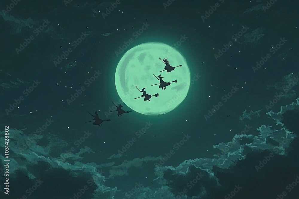 Illustration of witches flying on broomsticks across a full moon Illustration of witches flying on broomsticks across a full moon