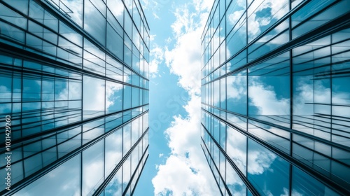 Glass-walled office towers lined up against a cloud-dotted sky, creating a sense of scale and urban energy.