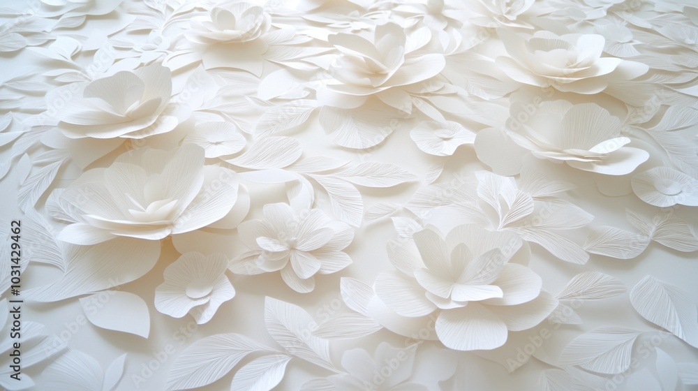 Delicate white paper flowers with soft petals on a white background. Delicate white paper flowers with soft petals on a white background.