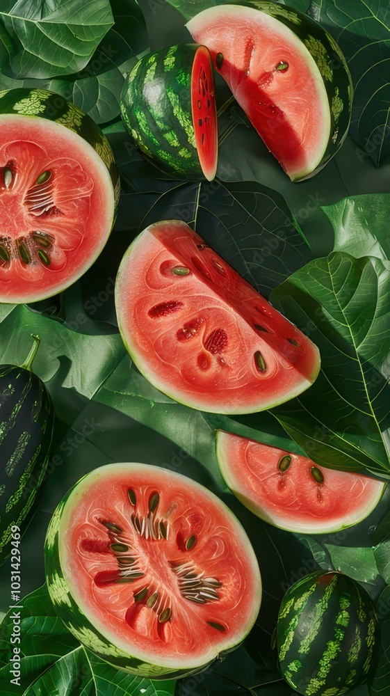 Top view of fresh watermelons with green leaves on green background Top view of fresh watermelons with green leaves on green background