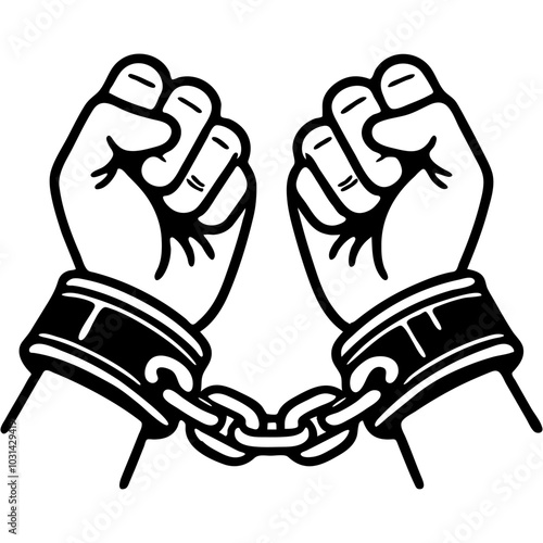 Pair of chained hands are depicted. Oppression and captivity symbolizing loss of freedom in monochrome. Simple minimalistic vector in black ink drawing on transparent background