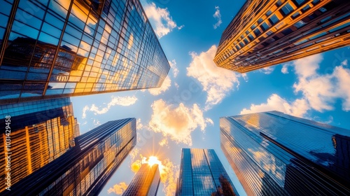 Low-angle view of modern skyscrapers and corporate headquarters clustered in a vibrant city on a sunny afternoon