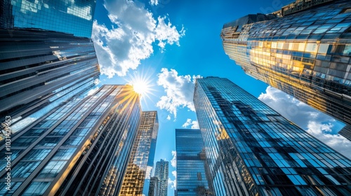 Modern high-rises in the heart of the city, with reflective windows catching the bright daylight and clouds.