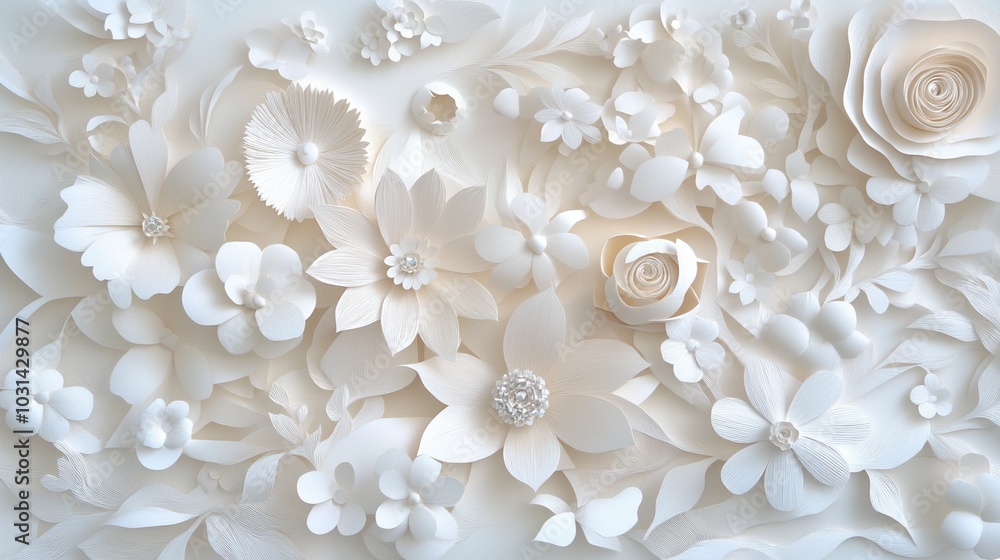 Elegant arrangement of white paper flowers on a soft background. Elegant arrangement of white paper flowers on a soft background.